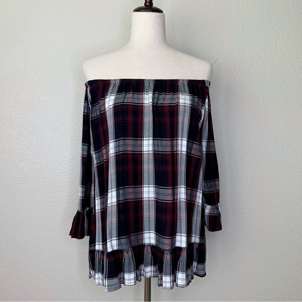 For the Republic Plaid Off Shoulder Bell Sleeves Peplum Top, Size XS